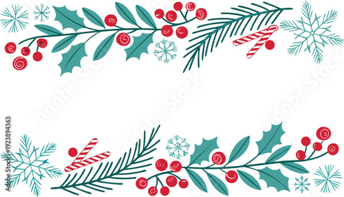 Christmas Decorative Border with Holly, Candy Canes, and Snowflakes