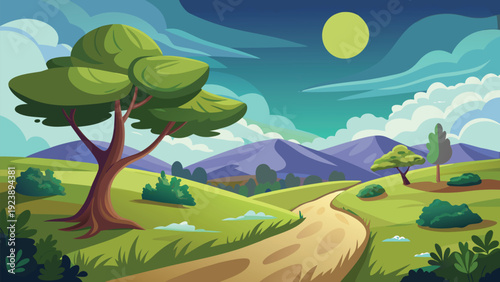 A serene nighttime scene featuring a winding path through a lush forest under a bright moonlit sky