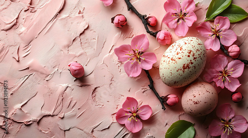 A magnificent Easter egg, speckled with red and surrounded by seasonal flowers, brings joy and symbolizes the spring festivities.