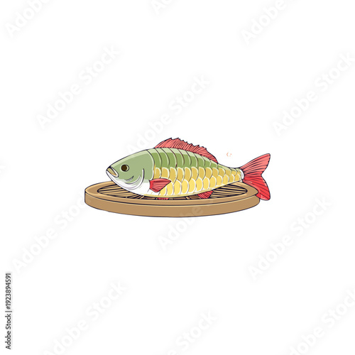 A delectable illustration of a whole, cooked fish presented on a bamboo steamer, highlighting a delicious and healthy meal