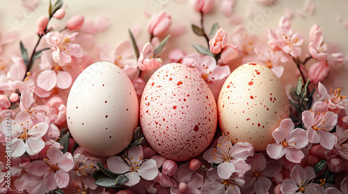 A pink speckled Easter egg stands out among flowering branches, creating a magical and inviting scene for the Easter celebration.