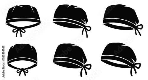 Set of Black Scrub Caps with Ties, Multiple Angles, Medical Headwear