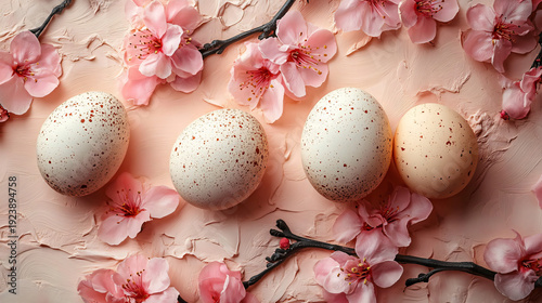  A delicately decorated Easter egg rests among cherry blossoms, symbolizing the renewal of life and the beauty of spring.