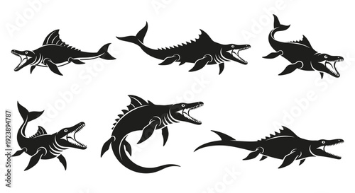 Set of Black Silhouette Mosasaurs and Plesiosaurs, Prehistoric Marine Reptiles