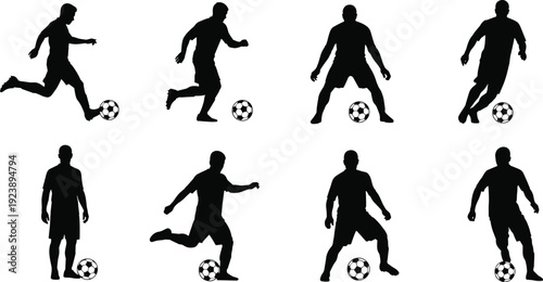 Soccer player silhouettes, football athletes in action poses, kicking ball, dribbling, standing, sports vector icons, professional competition, isolated on white.
