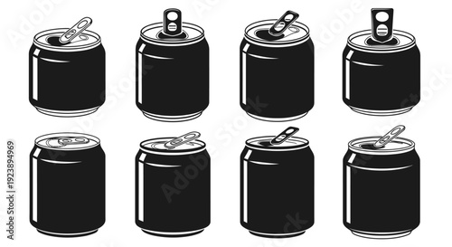 Set of Black Soda Cans with Open Pull Tabs, Isolated on White Background