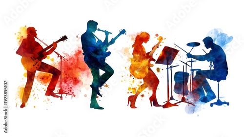 Colorful Silhouettes of a Live Band Performing with Musical Instruments in Watercolor Style