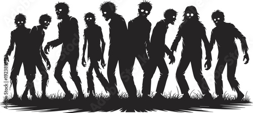 Black silhouette vector illustration of nine zombies standing on grass with glowing eyes, eerie horror Halloween undead design concept, high resolution spooky artwork.