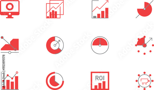 A collection of red business and finance icons on a white background
