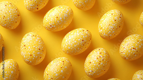yellow decorated eggs on a yellow background represent the fun of Easter.
