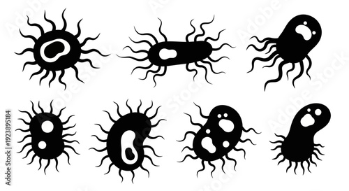 Set of Diverse Black Microbe Icons with Tentacles and Nucleus, Isolated on White Background