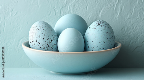 Blue Easter eggs in a bowl, symbolizing tranquility and renewal.