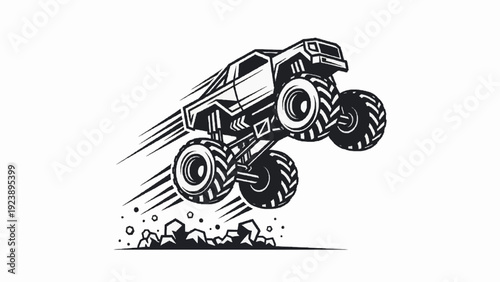 Powerful monster truck jumping with dynamic speed lines, depicting extreme off road vehicle action and high energy illustration.