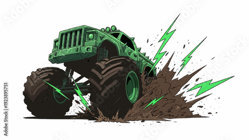 Green monster truck illustration kicking up mud with dynamic lightning bolt effects.