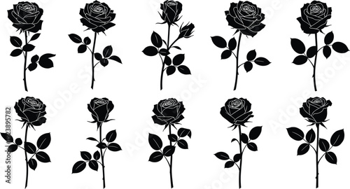 Set of black rose flower silhouettes with stems and leaves isolated on white background, floral elements for wedding, tattoo, or logo design.