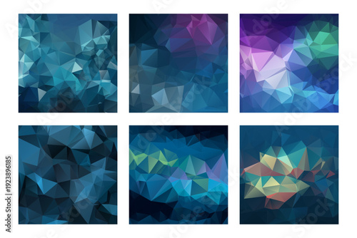 Low poly blue backgrounds set with geometric triangle shapes. Collection of dark blue and purple low poly backgrounds. Abstract polygonal mosaic patterns for web design and banners.