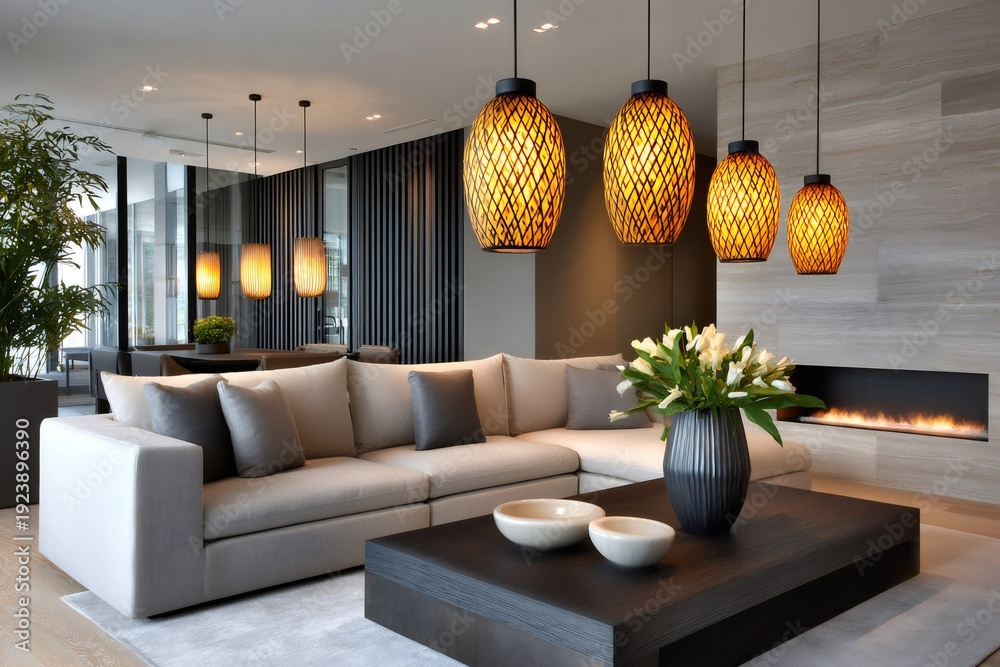 Naklejka premium Modern living room interior with stylish pendant lights and fireplace