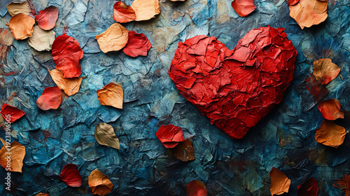 Layered handmade heart surrounded by petals in warm earthy tones.