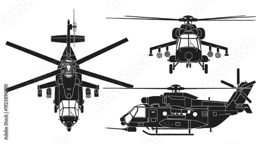 Detailed vehicle autocad blueprint of a helicopter from multiple viewpoints showcasing its technical design and complex features