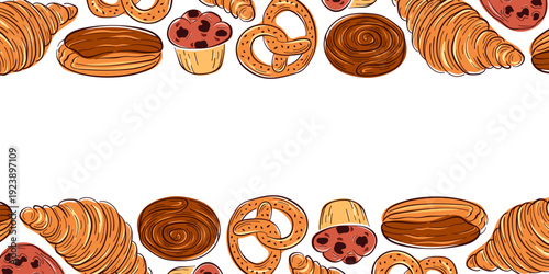 Frame with bakery pastries croissant, pretzel, muffin and sweet roll in flat style. Illustration background for cafe card, package and wallpaper.