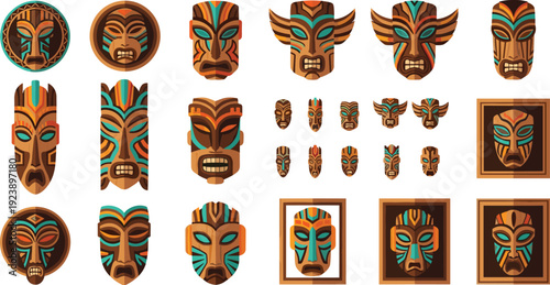 African Tribal Mask Collection with Ethnic Wooden Face Carvings Traditional Ritual Symbols and Framed Wall Decor Vector Illustration Set Police Stop