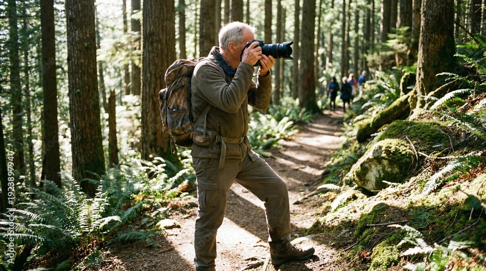 Fototapeta premium Senior man taking photos with a camera in a lush forest