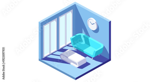 Sunlight streams through tall glass doors into a minimalist blue isometric living room, casting sharp, dramatic shadows across a bright cyan sofa, a sleek curved white coffee table, and a round clock