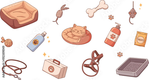 Pet Care Accessories Cartoon Set with Cat Bed Bone Toy Carrier Litter Box Shampoo and Veterinary Equipment Flat Vector Illustration Police Stop