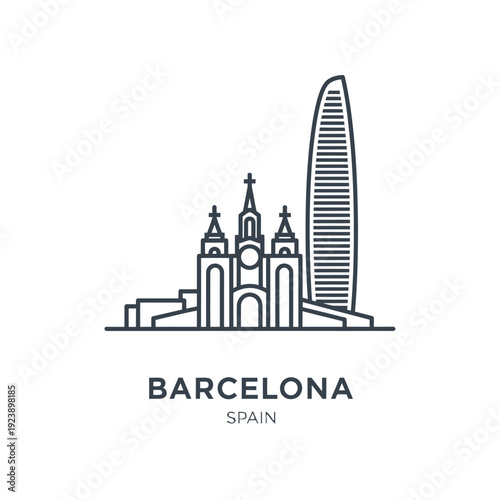 Elegant Line Art of Barcelona Skyline with Sagrada Familia and Torre Glories