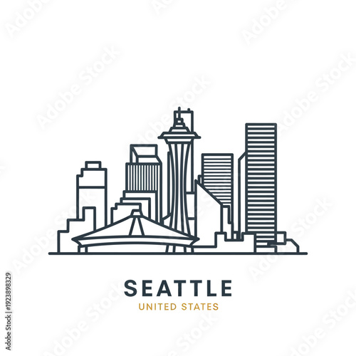 Stylized Line Art of Seattle Skyline with City Landmarks