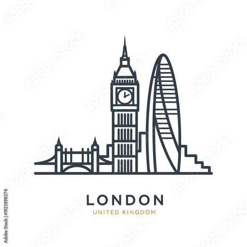 Stylized Line Art of London Skyline Featuring Big Ben and London Eye