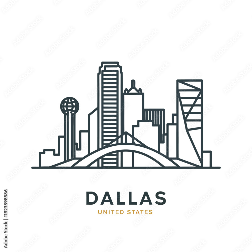 Naklejka premium Stylized Dallas Skyline Illustration with Iconic Buildings