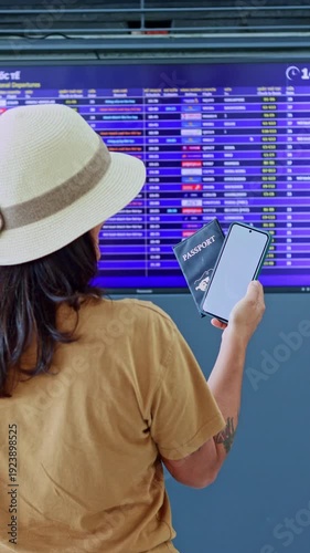 Woman at airport checking flight information on schedule board