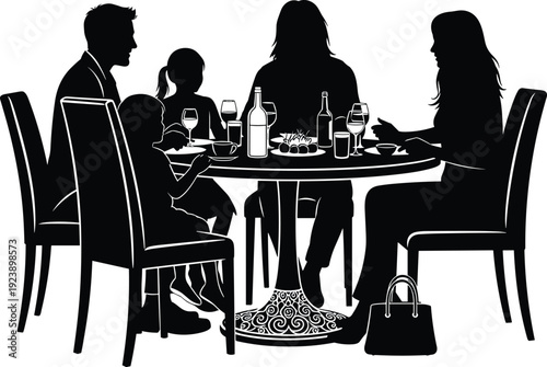 Black and white family dinner silhouette vector illustration with parents and children sitting at dining table scene