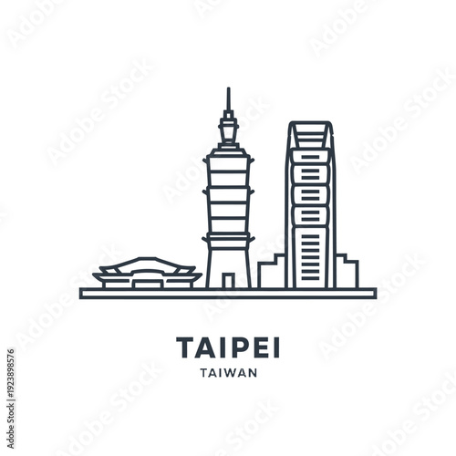 Minimalist Line Art Illustration of Taipei Skyline with Taipei 101