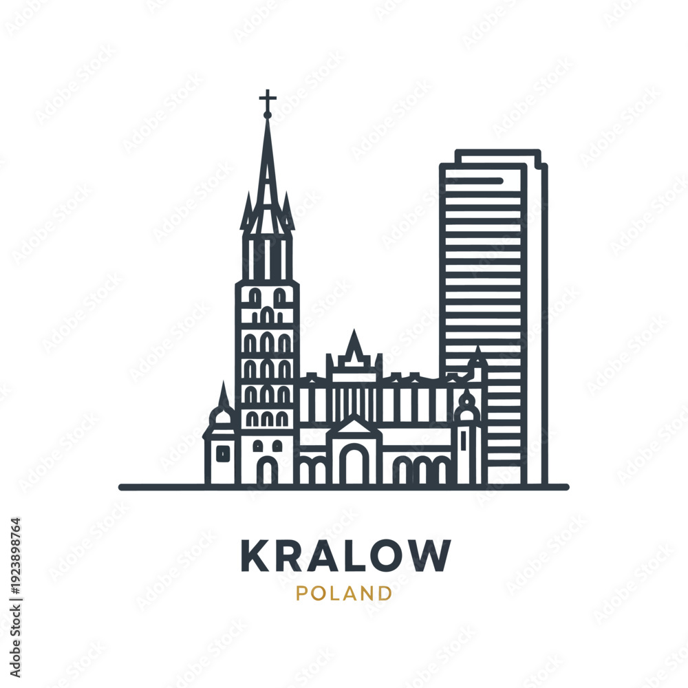 Obraz premium Kralow Poland City Skyline Illustration with Historic and Modern Architecture