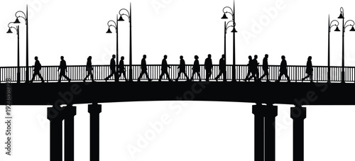 Black and white pedestrian bridge silhouette vector illustration with walking people and vintage street lamps urban scene