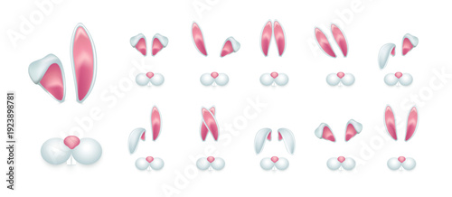 Easter bunny ears and nose set. Pink white rabbit ear headbands with matching noses in multiple variations. Cute festive elements for Easter themes, decorations. Realistic pastel vector illustration.
