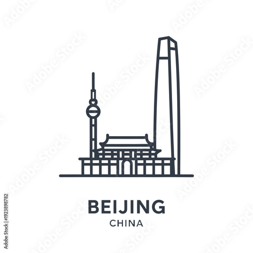 Minimalist Line Drawing of Beijing Skyscrapers and Landmark