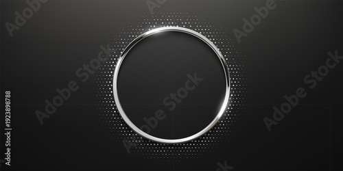 Silver circle frame with dotted halftone light effect. Circular glowing metallic ring, button, stamp, emblem, sticker, label. Modern luxury abstract vector illustration.