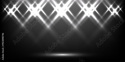 Silver stage lights. Glowing white spotlights with sparkling starburst effect on dark background. Casino, award, concert, party, event show illumination lighting. Abstract vector illustration.