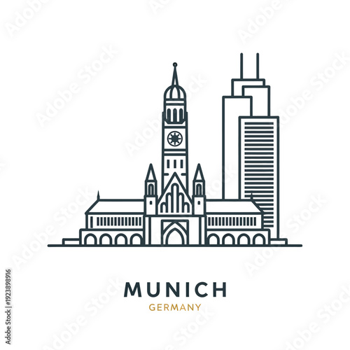 Munich City Skyline Illustration with Landmarks and Modern Skyscrapers