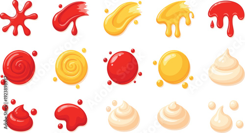Sauce Splash and Cream Drip Cartoon Set with Ketchup Mustard Mayonnaise Liquid Drops and Food Topping Elements Flat Vector Illustration Police Stop