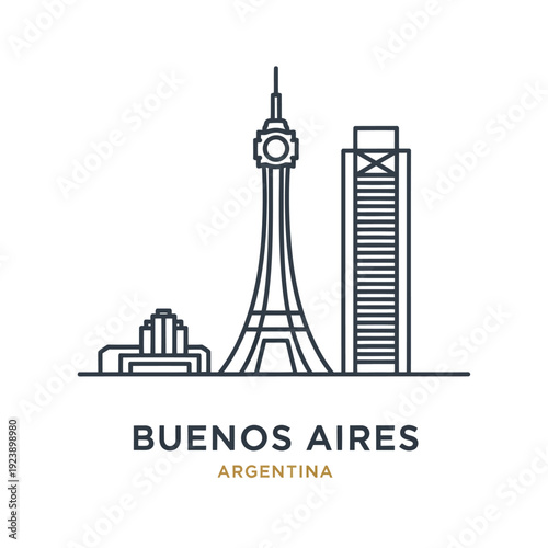 Line Art Illustration of Buenos Aires Skyline with Iconic Tower