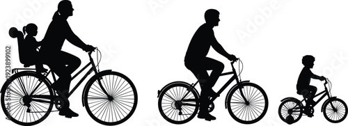Black vector silhouette set of a family riding bicycles including a mother with a child seat a father and a young boy for recreation