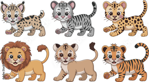 Enchanting kawaii big cat cubs vector pack with cute leopard tiger cheetah lion jaguar kittens in minimal playful crawling and pouncing poses for nursery designs