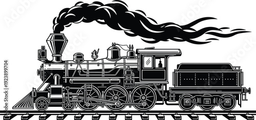 Black and white vintage steam locomotive vector illustration with detailed railway engine and smoke isolated on light background