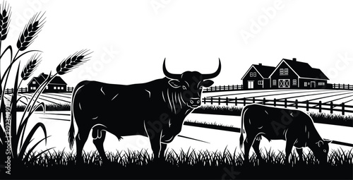 Black and white farm landscape vector illustration with cows, rural barn, wheat field, and countryside scenery silhouette design