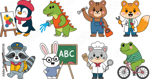 Cute kawaii profession animals vector set with penguin artist dinosaur builder bear fox doctor raccoon bunny teacher cat chef frog biker for kids learning illustrations