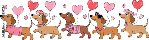 Cute cartoon dachshund parade vector set with adorable sausage dogs holding heart balloons in pink outfits for Valentine's kids illustrations